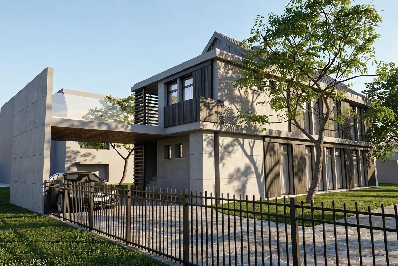 Image 3D du projet : maison contemporaine type longère à Croissy-sur-Seine, béton, bois et zinc, DSA Architectes