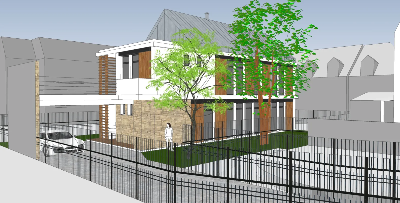 Image 3D du projet : longère contemporaine sur parcelle étroite à Croissy-sur-Seine, vue depuis la rue