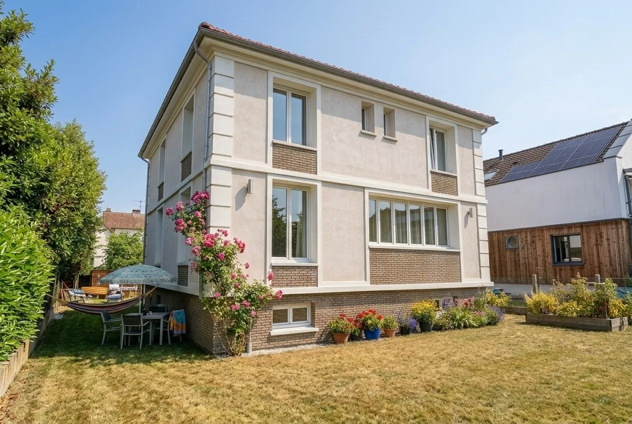 Pavillon des années 1950 surélevé d'un étage à Chatou, façade sur jardin, DSA Architectes