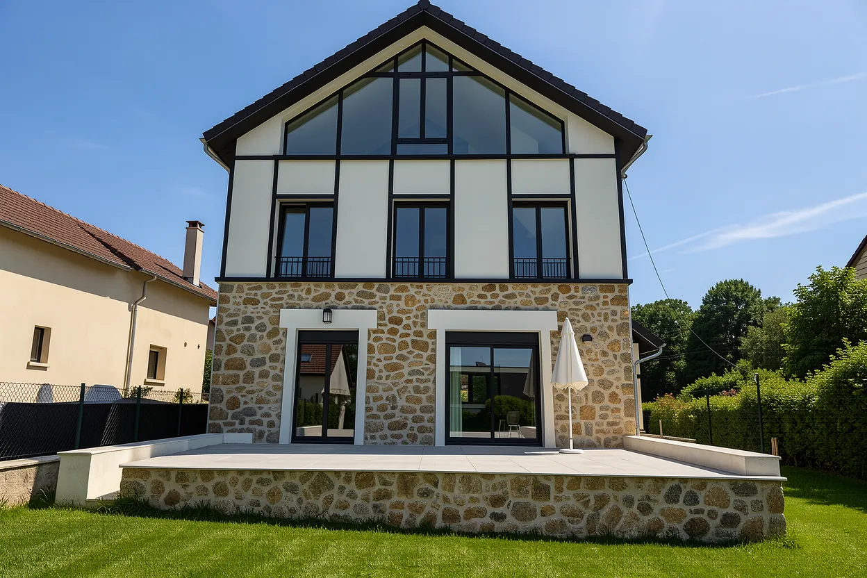Surélévation d'une maison en meulière au Vésinet, étage à colombages et verrière côté jardin, DSA Architectes